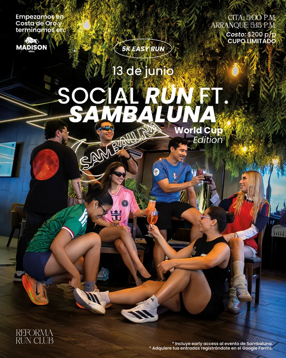 Cartel del evento «Social Run & 🪩» con @sambaluna.mx, publicado el 2 de junio de 2026.