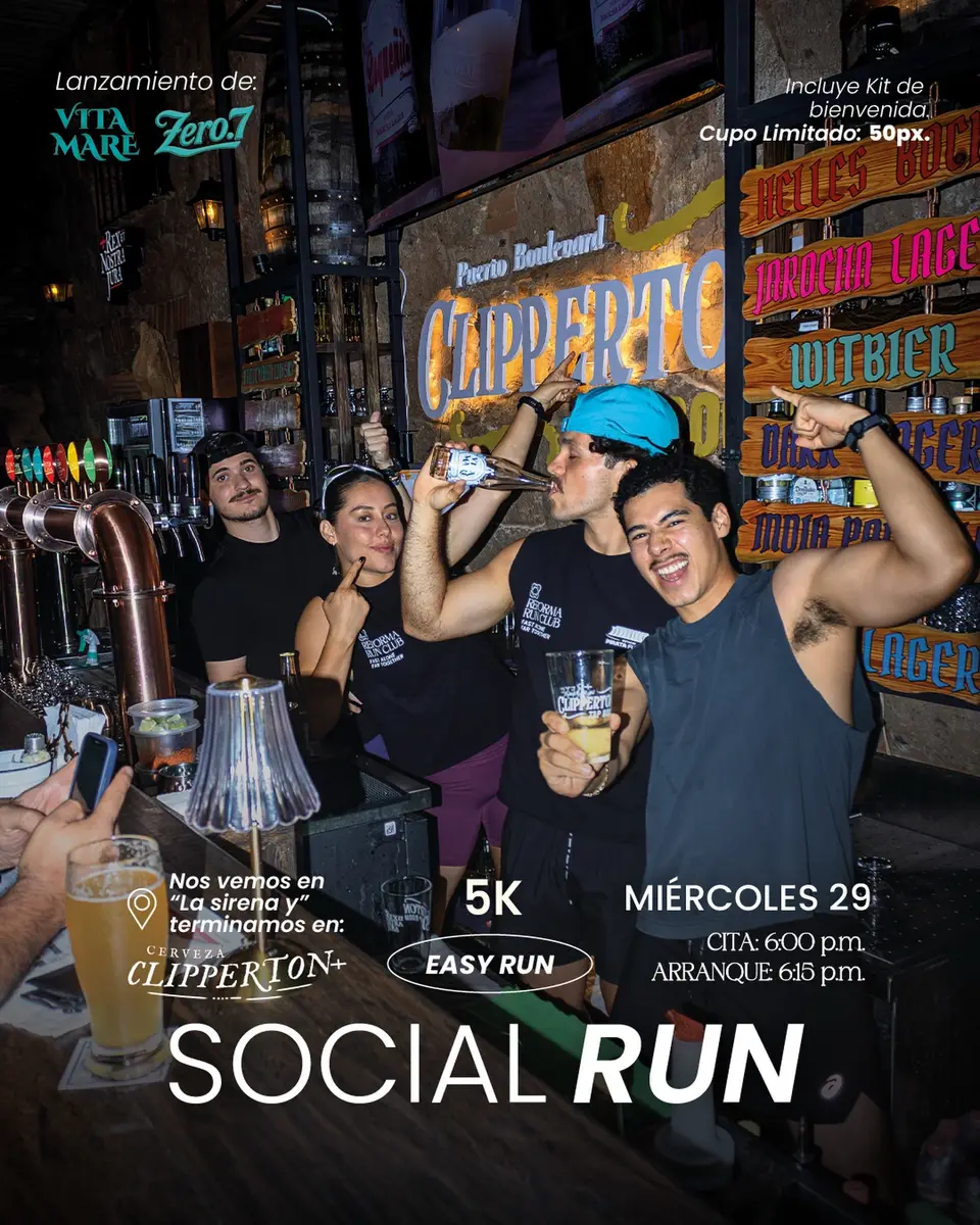 Cartel del evento «Social run ft. Clipperton» con @clippertontaproom, publicado el 19 de abril de 2026.