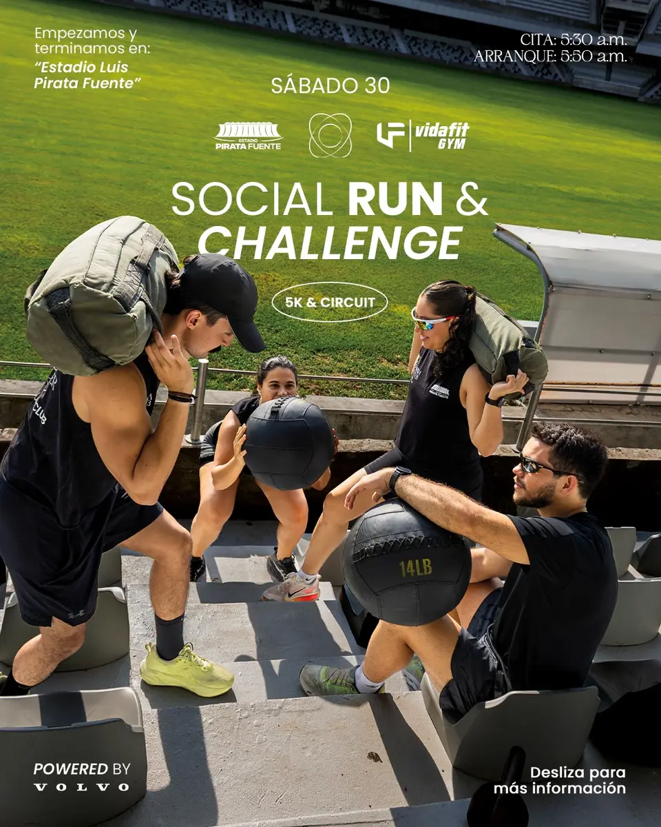 Cartel del evento «SOCIAL RUN & CIRCUIT CHALLENGE ft» con @luispiratafuenteoficial, @vidafit.gym, @sueciacarveracruz_, publicado el 22 de mayo de 2026.