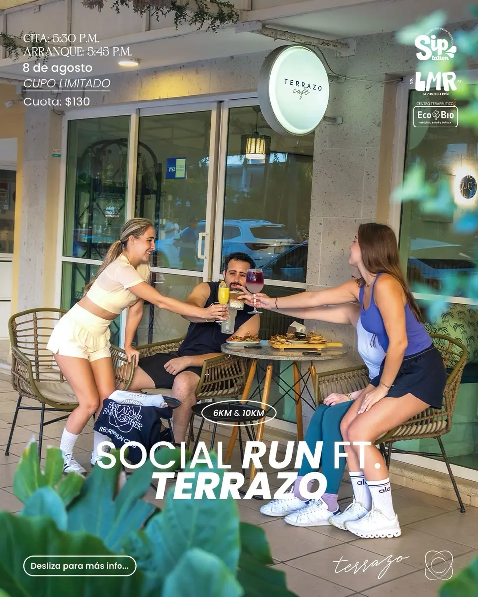 Cartel del evento «Social run FT. 🫶» con @terrazocafe_, @sipstation.mx, @la_maquinitaroja, publicado el 5 de agosto de 2026.