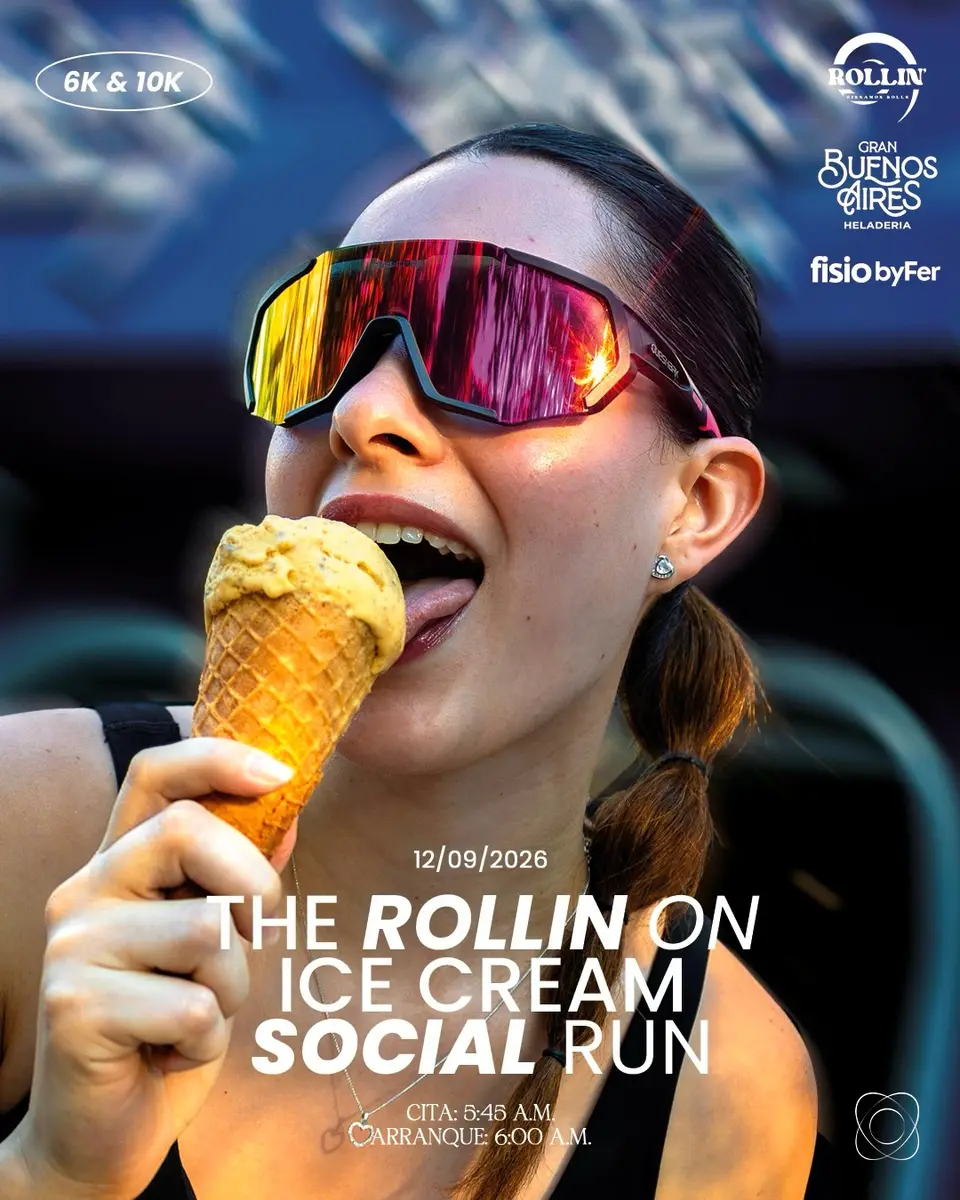 Cartel del evento «The Rollin on Ice Cream Social Run ‍ FT» con @granbuenosairesh, @rollinrolls.mx, @fisio.byfer, publicado el 6 de septiembre de 2026.