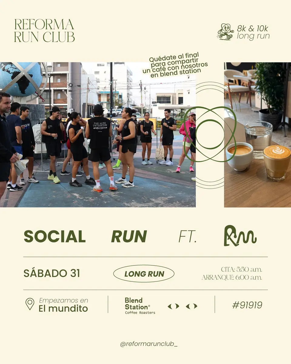 Cartel del evento «Acompáñanos este sábado 31 de enero junto al para nuestra long run semanal y terminamos» con @elretomaribel, @blendstation.veracruz, publicado el 26 de enero de 2026.
