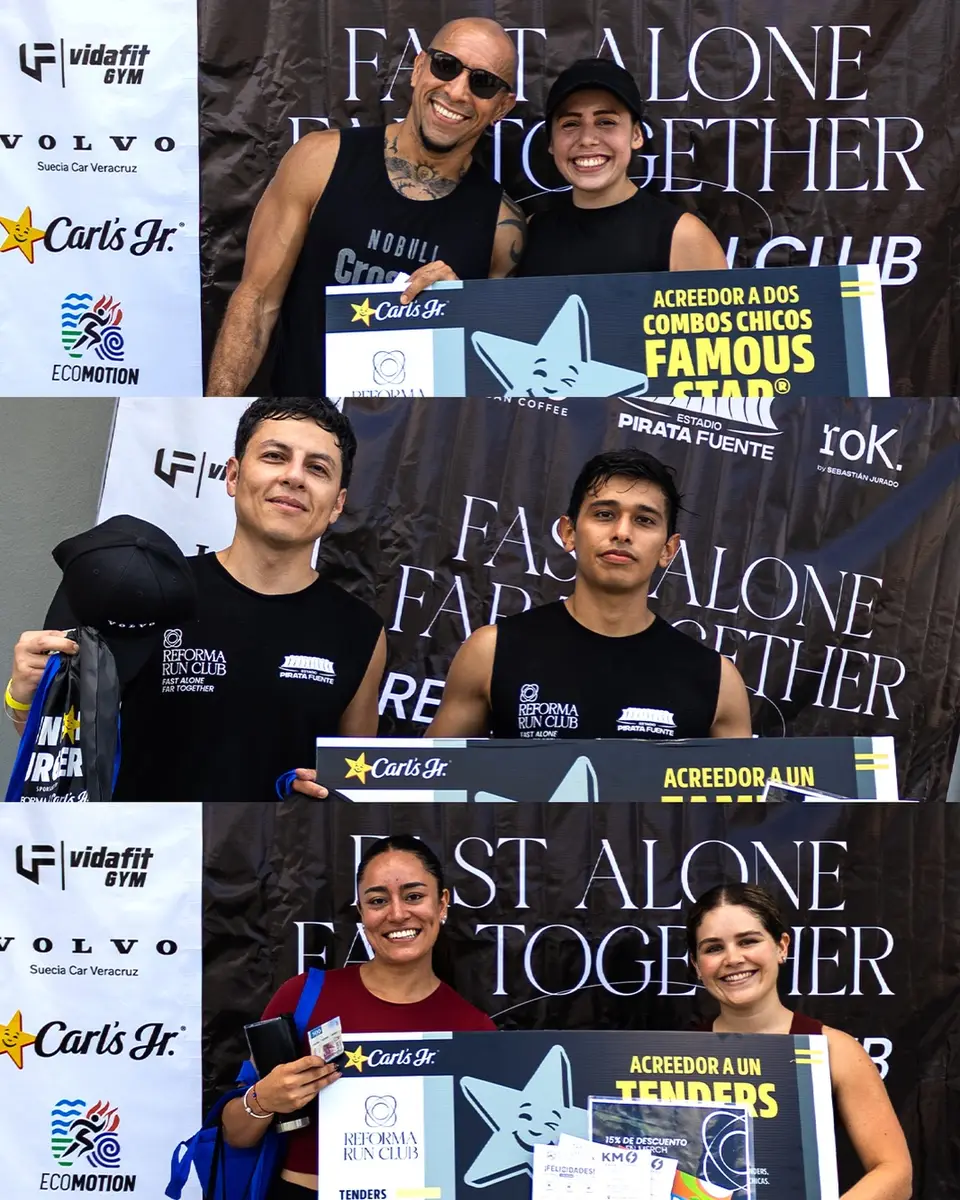 Tres retratos de miembros del club sosteniendo sus premios frente al fondo con el lema «Fast alone, far together» y los logos de las marcas.