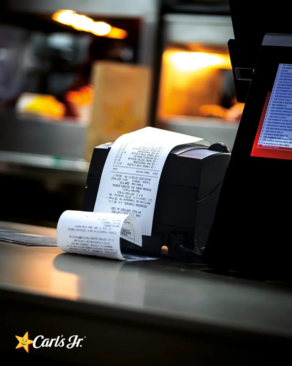 El ticket de la cuenta saliendo de la impresora en el mostrador del restaurante.