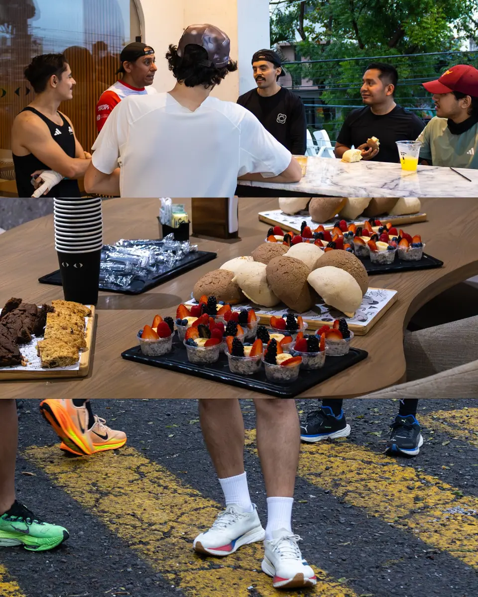 Dos escenas del cierre: la mesa con pan y fruta preparada para el grupo, y los corredores sirviéndose alrededor.