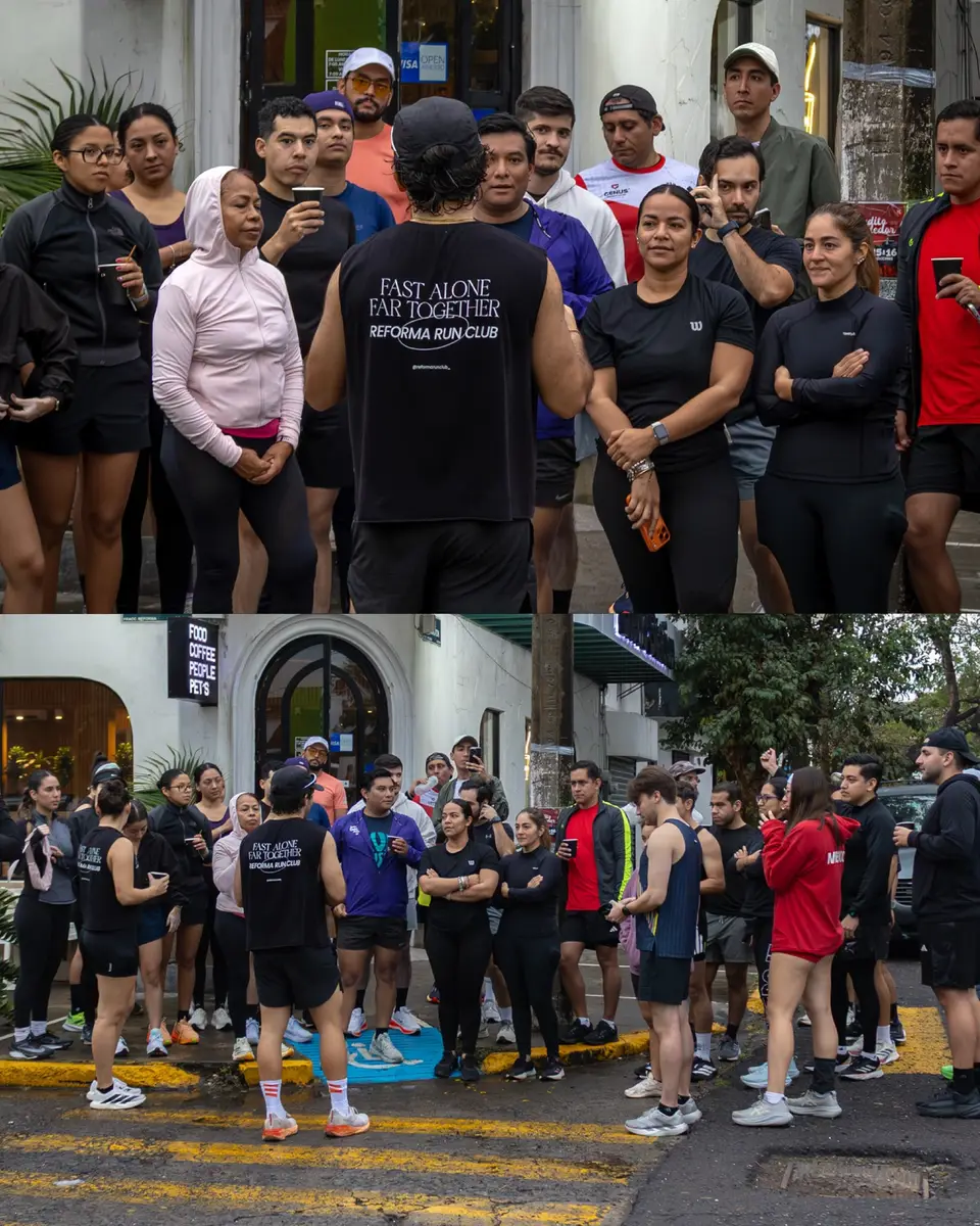 Dos momentos del arranque: el grupo apretado escuchando las indicaciones, y los corredores repartidos en la calle antes de salir.