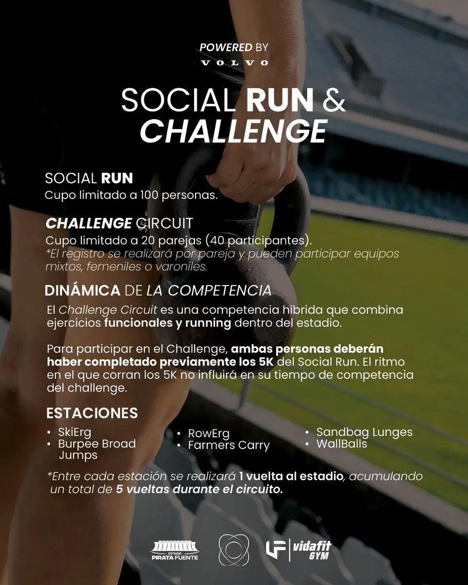 Cartel del Social Run & Challenge con la dinámica completa: cupo de 100 personas, 20 parejas para el circuito y las estaciones de skiing, remo, burpees y farmers carry.