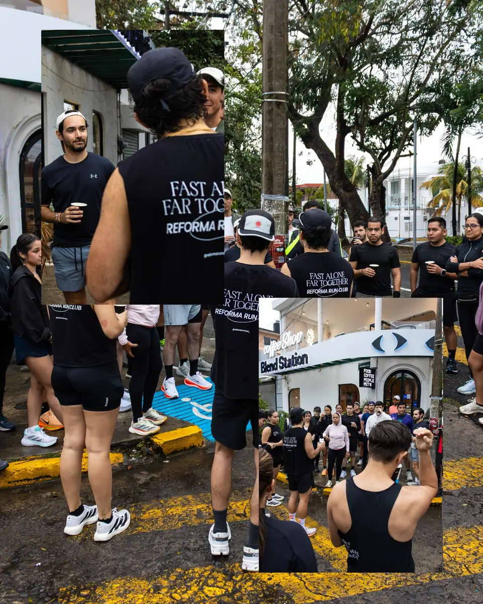 Corredores con la playera «Fast alone, far together» conviviendo en la banqueta después de la corrida.